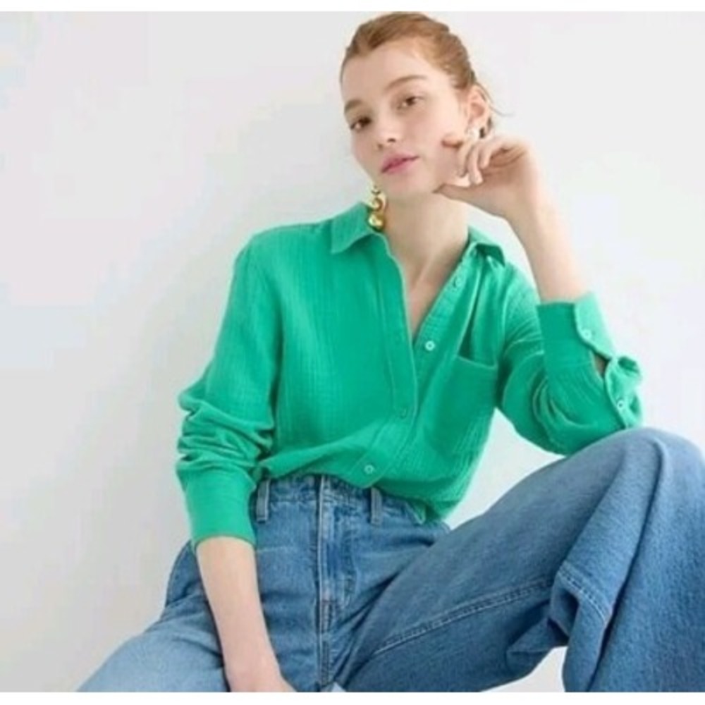 J.Crew Classic Fit Double Gauze Cotton Button Down Shirt Green Womens 8